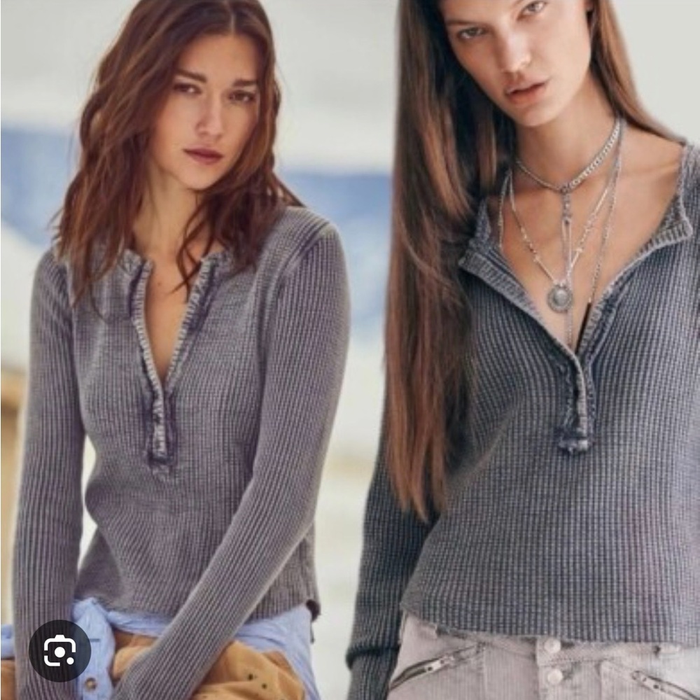 Free People One Gray Ribbed Henley Sweater